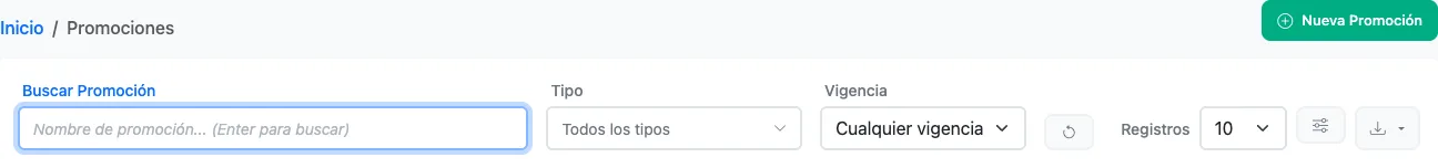 Barra del listado de Promociones de Kapi con Buscar Promoción, filtro Tipo, filtro Vigencia y botón Nueva Promoción