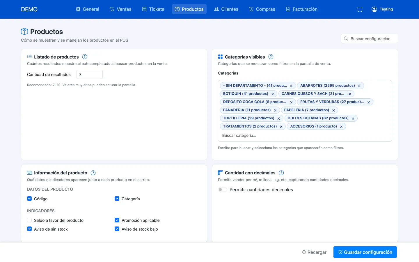 Pantalla de configuración de productos