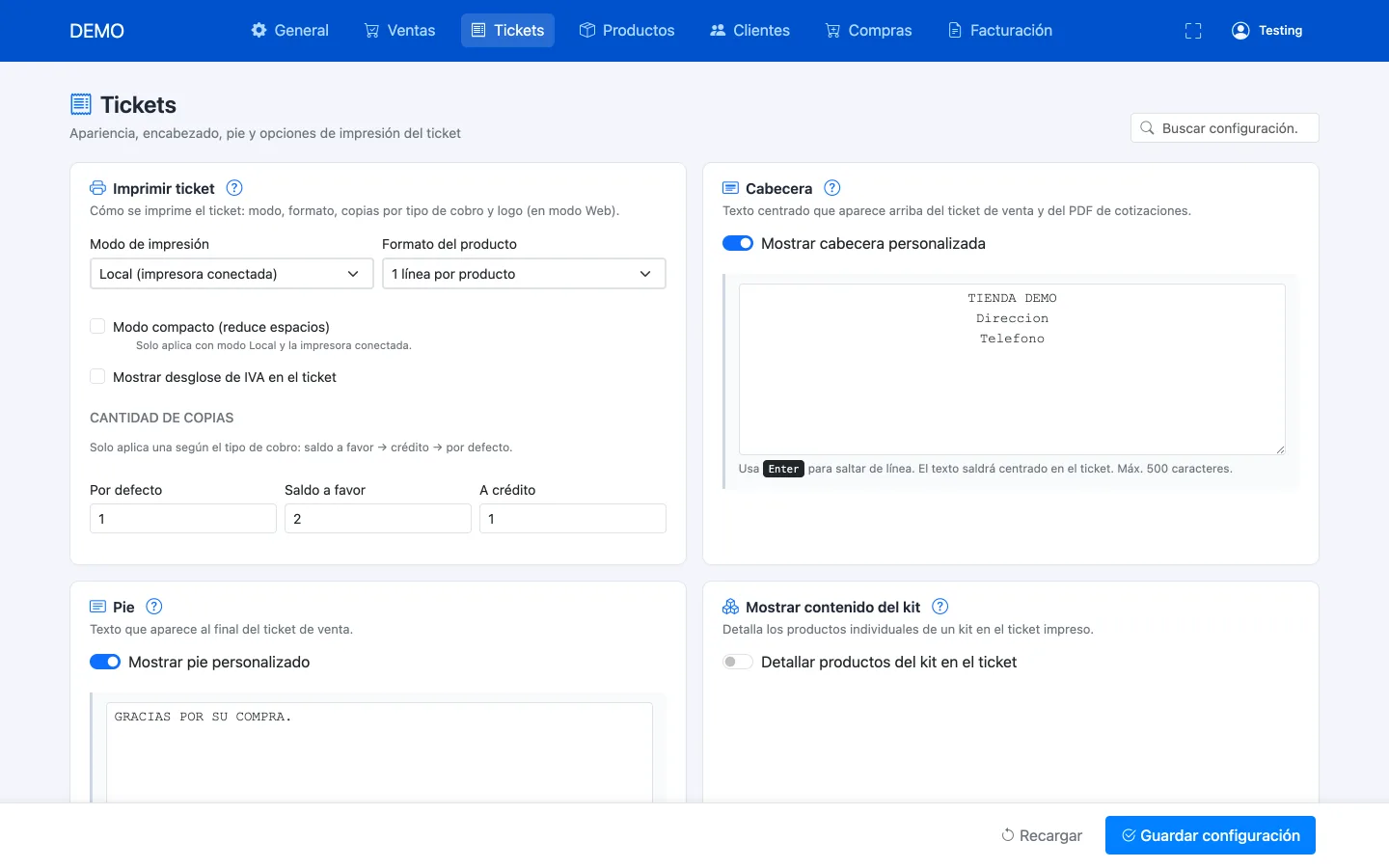 Pantalla de configuración del ticket