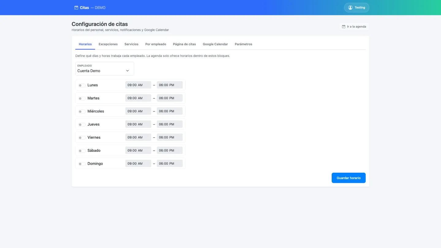 Configuración de citas: horarios del personal