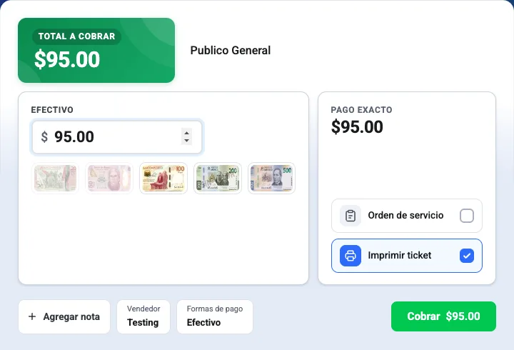 Ventana de cobro de Kapi con el campo Efectivo, Pago exacto, la casilla Orden de servicio, la casilla Imprimir ticket y el botón Cobrar