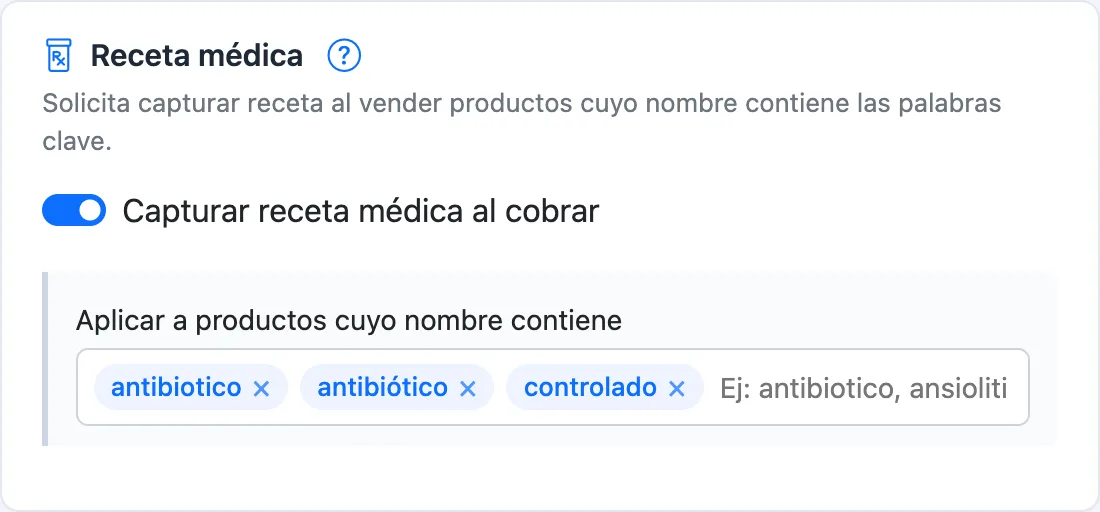 Configuración del punto de venta, pestaña Productos: la tarjeta Receta médica con el interruptor y las palabras clave