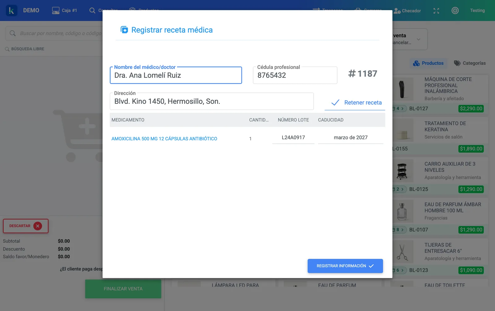 La ventana Registrar receta médica: folio de la venta, datos del médico, casilla Retener receta y, por medicamento, lote y caducidad