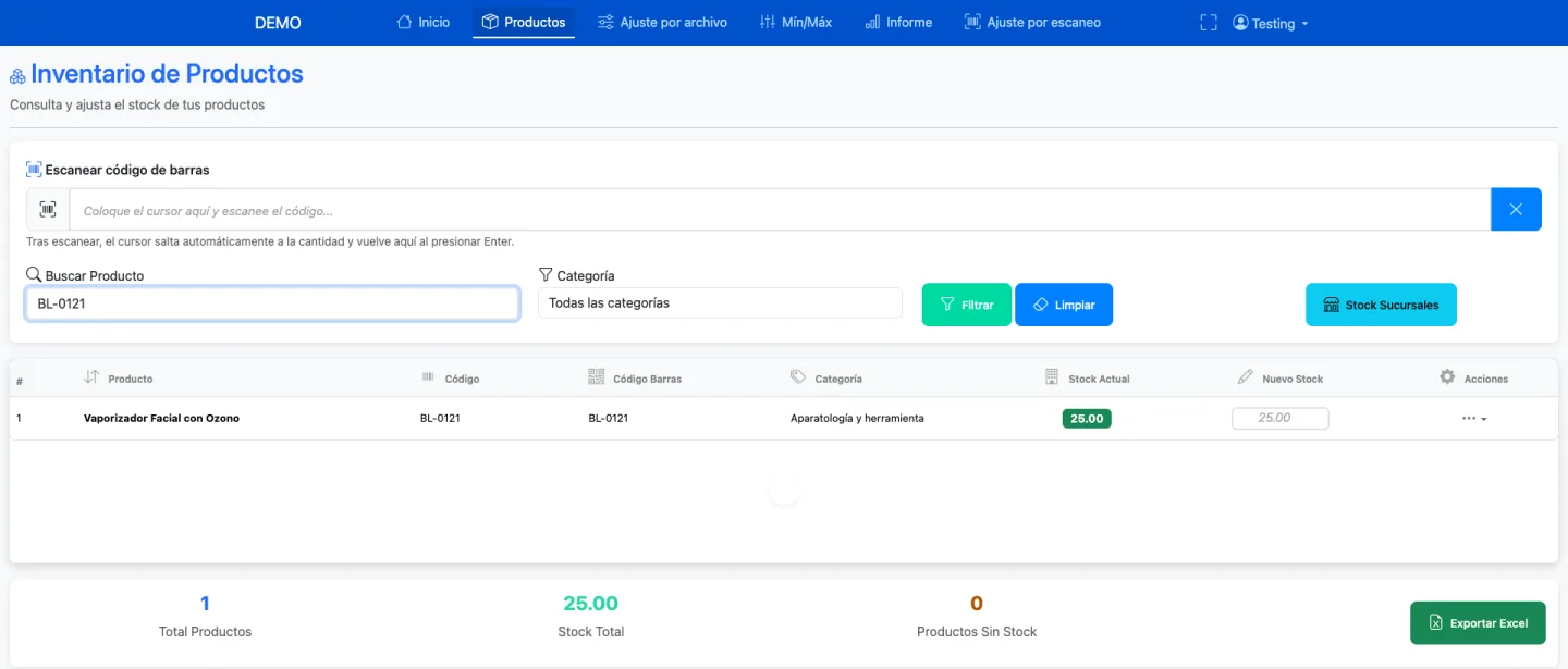 Pantalla Inventario de Productos de Kapi con escáner, búsqueda, filtro por categoría, Stock Actual y Nuevo Stock