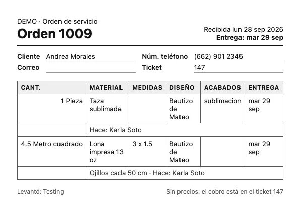 Hoja impresa de la Orden 1009 de Kapi con cliente, teléfono, ticket y una tabla con cantidad, material, medidas, diseño, acabados, entrega y quién lo hace; al pie, Sin precios: el cobro está en el ticket