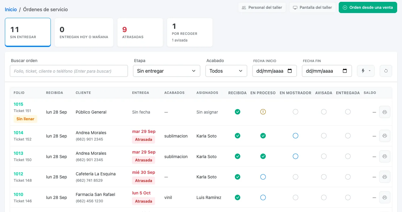Tablero de Órdenes de servicio de Kapi con las cifras Sin entregar, Entregan hoy o mañana, Atrasadas y Por recoger, la búsqueda, los filtros y la lista de órdenes con sus etapas
