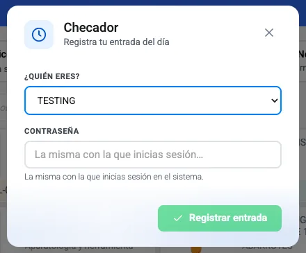Ventana Checador de Kapi con el selector ¿Quién eres?, el campo Contraseña y el botón Registrar entrada