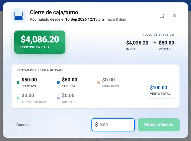 Ventana Cierre de caja/turno de Kapi con Efectivo en caja, Flujo de efectivo, Ventas por forma de pago y el campo para retirar efectivo