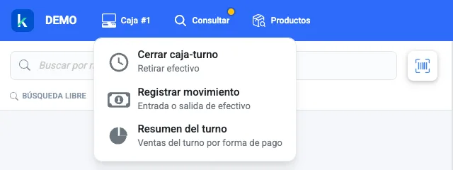 Menú Caja del punto de venta de Kapi con Cerrar caja-turno, Registrar movimiento y Resumen del turno