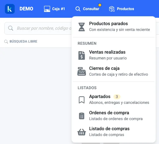 Menú Consultar de Kapi con Productos parados, Ventas realizadas, Cierres de caja, Apartados, Ordenes de compra y Listado de compras
