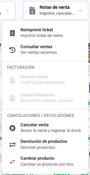 Menú Notas de venta de Kapi con Reimprimir ticket, Consultar ventas, Facturar venta, Ventas facturadas, Cancelar venta, Devolución de productos y Cambiar producto