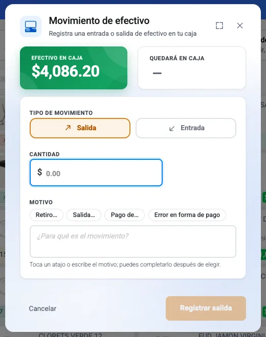Ventana Movimiento de efectivo de Kapi con Efectivo en caja, Quedará en caja, Salida o Entrada, Cantidad, atajos de Motivo y botón Registrar salida