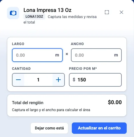 Ventana de Kapi para un producto que se vende por metro cuadrado, con Largo, Ancho, Cantidad, Precio por m², el Total del renglón y el botón Actualizar en el carrito