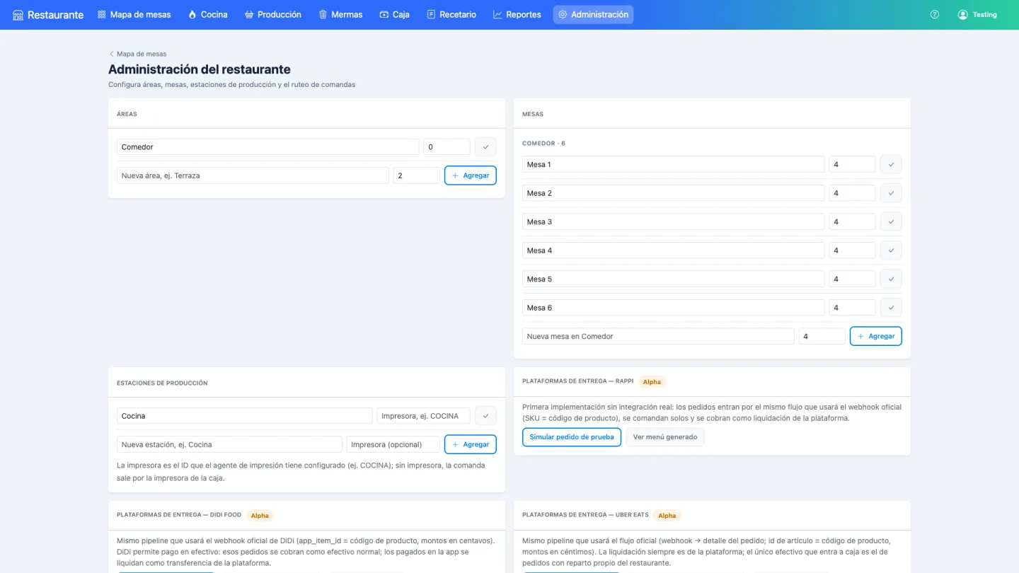 Administración: áreas, mesas, estaciones y plataformas
